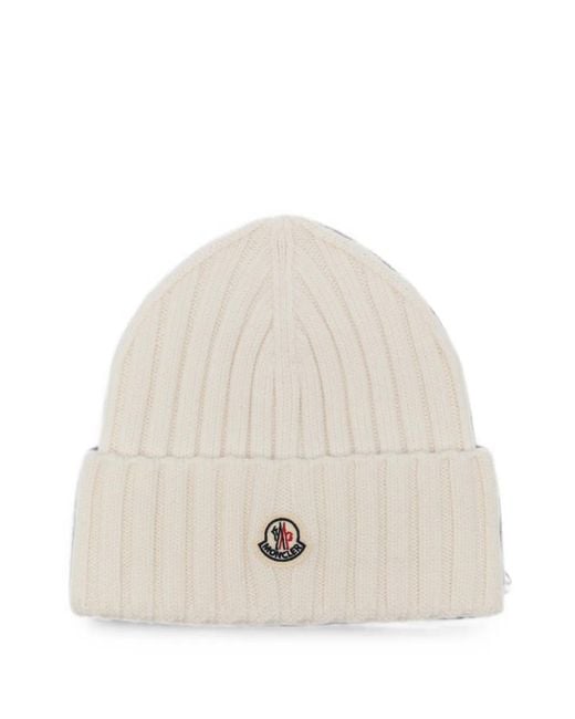 Moncler Natural Logo-Patch Ribbed-Knit Beanie Hat