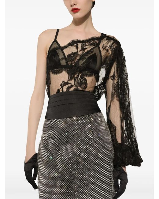 Dolce & Gabbana Black Translucent Lace One-Shoulder Blouse