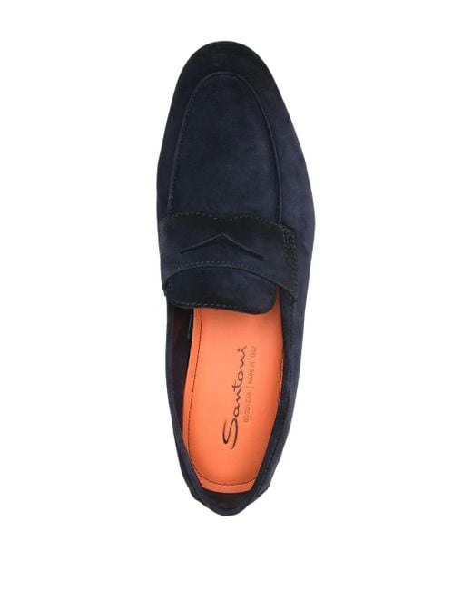 Santoni Blue Penny-Slot Suede Loafers for men