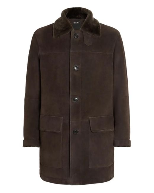 Zegna Brown Shearling-Collar Suede Coat for men