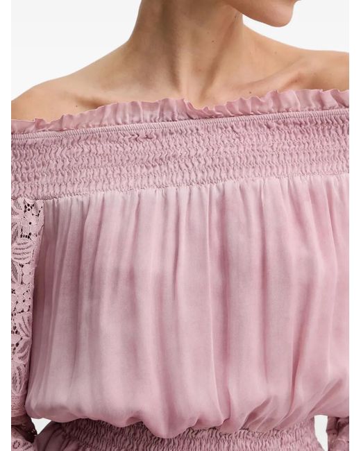 Guess Pink Lace-Sleeves Smocked Blouse