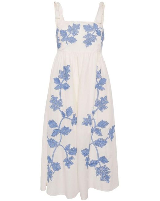 Tanya Taylor Blue Amina Floral-embroidered Midi Dress