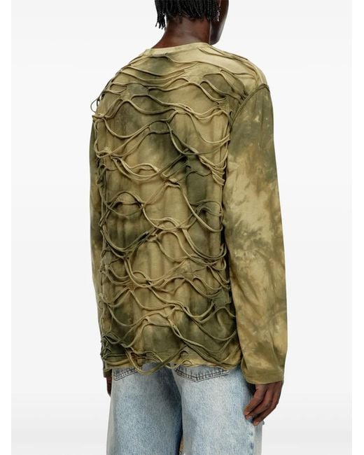 DIESEL Green Long-sleeve T-shirt With Floating Strands for men