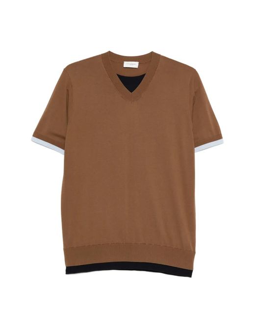 Paolo Pecora Brown V-Neck Panelled T-Shirt for men