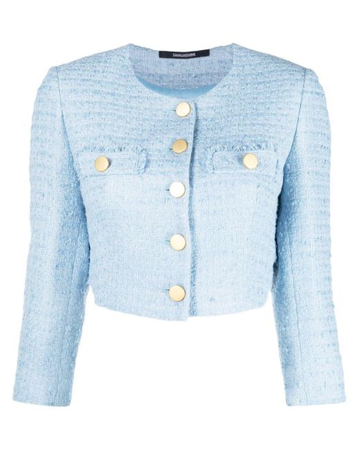 Tagliatore No-lapels Cropped Tweed Jacket in Blue | Lyst