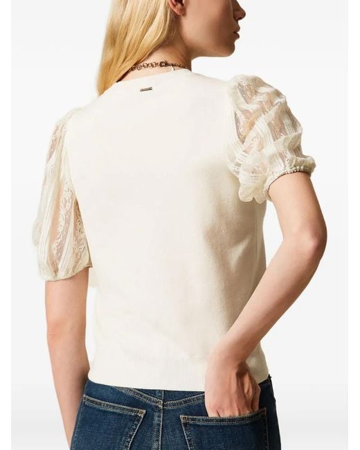 Twinset White Lace-Sleeve Top