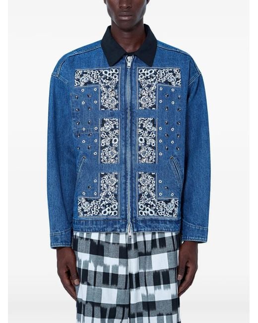 NOMARHYTHM Blue Bandana.Embroidered Zip-Up Denim Jacket for men