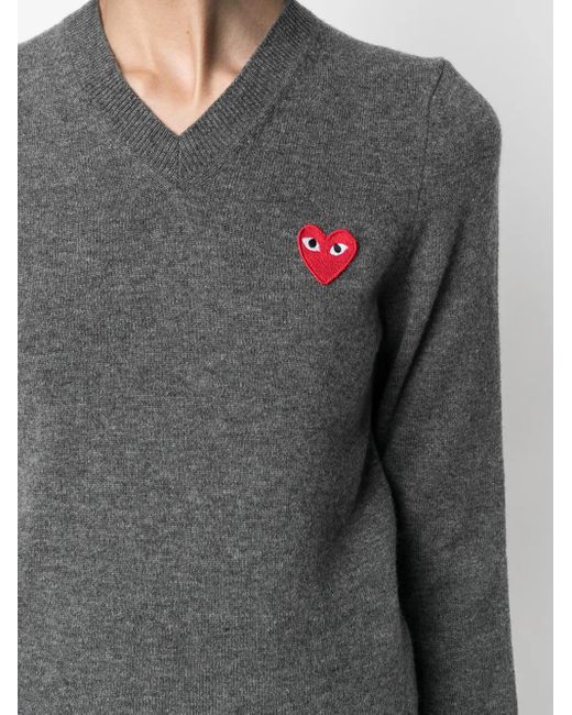 COMME DES GARÇONS PLAY Gray Embroidered Motif V-Neck Jumper