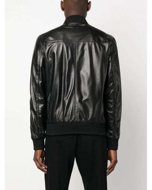 Philipp Plein Black Skull Leather Bomber Jacket for men