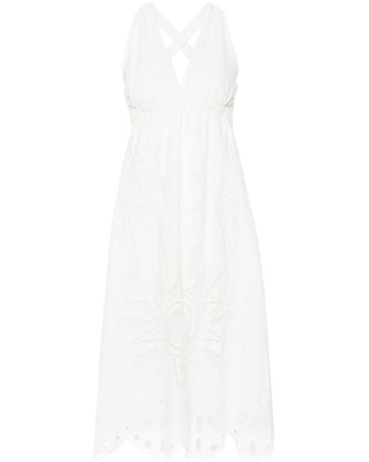 Farm Rio Floral-embroidered Cotton Midi Dress White