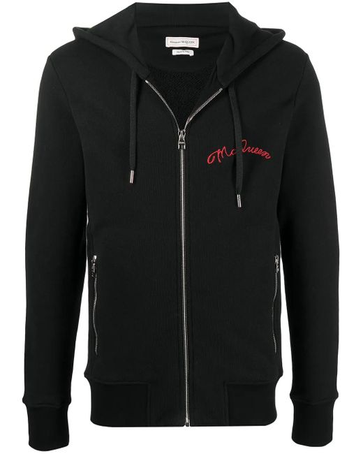 McQueen Black Embroidered Logo Zip-Up Hoodie for men