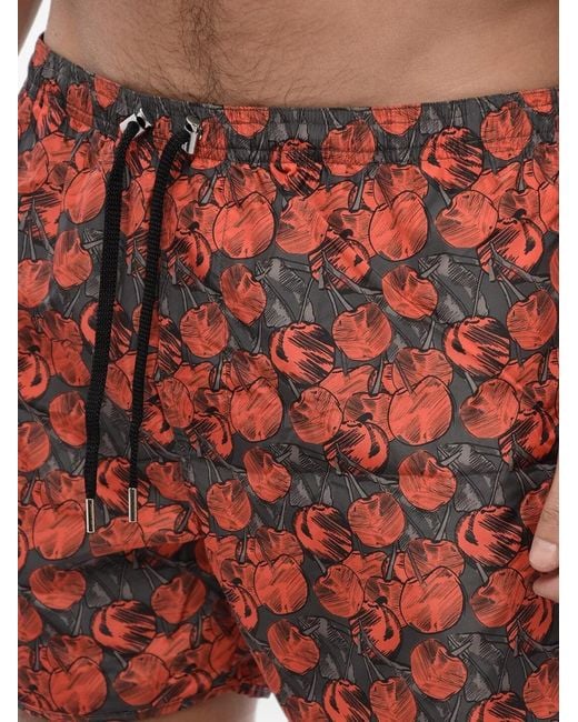 Neil Barrett Red Cherry-Print Drawstring-Fastening Swim Shorts for men