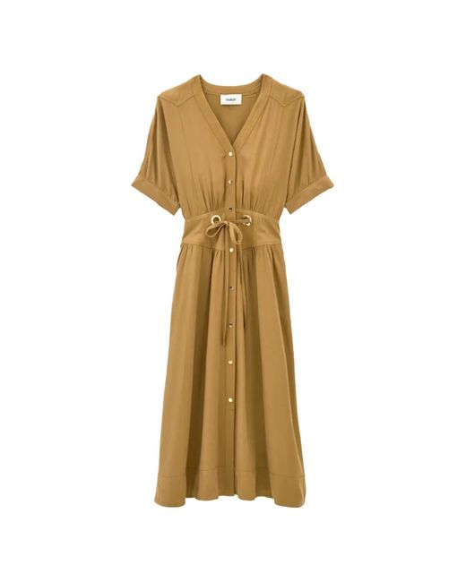 Ba&sh Natural Parisa Drawstring-Waist Flared Midi Dress