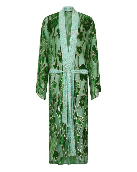Roberto Cavalli Green Floral-Pattern Velvet Robe