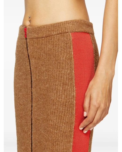 DIESEL Red Ribbed Side-Stripes Zip-Front Midi Straight Skirt