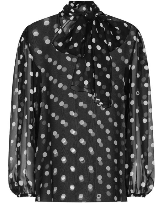 Dolce & Gabbana Black Schluppenhemd mit Polka Dots