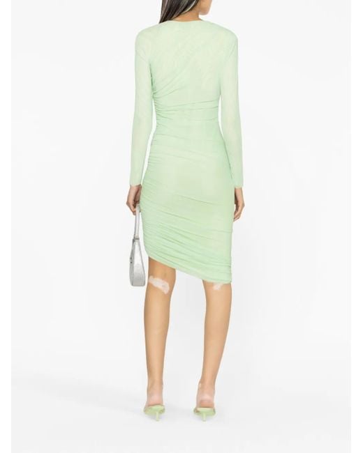 Self-Portrait Green Ruched Mesh Midi Dress