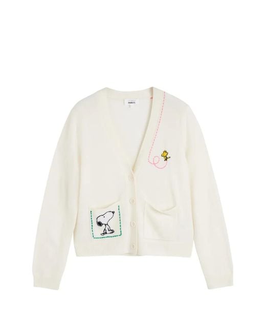 Chinti & Parker White Snoopy-Embroidered Patch-Pocket Cardigan