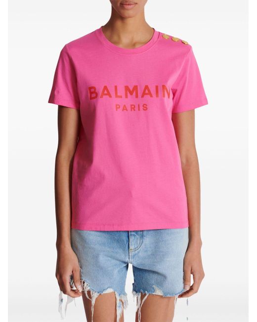 T-shirt en coton à logo imprimé Balmain en coloris Pink