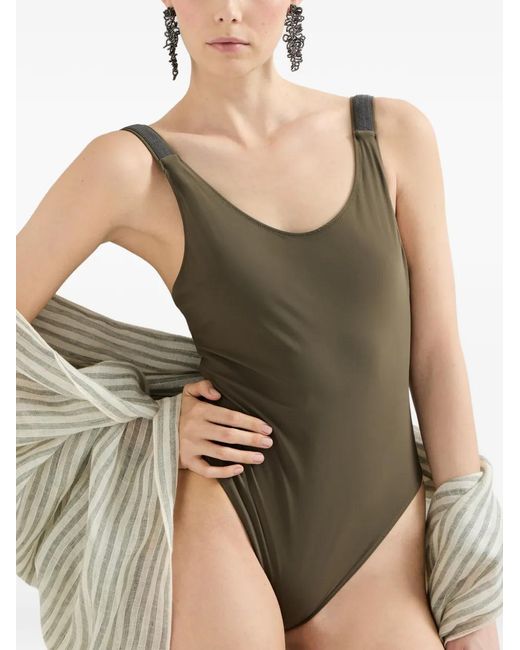 Brunello Cucinelli Green Embellished Strap Swimsuit