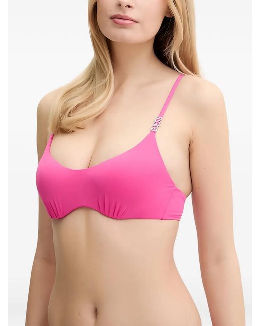 Guess Pink Logo-Embellished Ruched Bikini Top