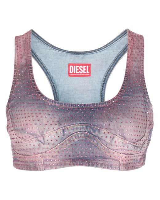 DIESEL Pink Rhinestone-embellished Cropped Denim Top