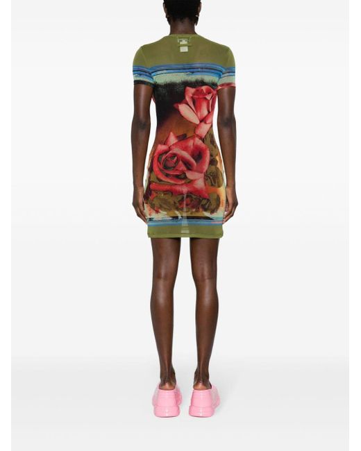 Jean Paul Gaultier Multicolor Roses-Print Short-Sleeve Mesh Mini Dress