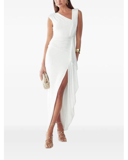 BWLDR White Amira One-Shoulder Draped Asymmetric Dress