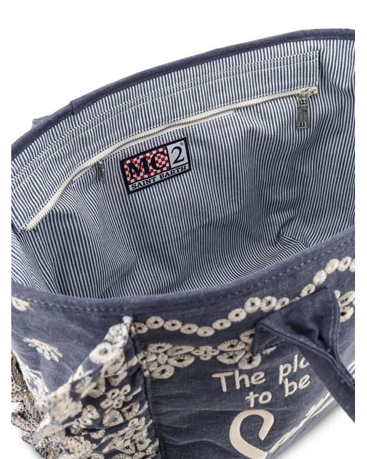 Mc2 Saint Barth Blue Embroidered Ruffled Tote Bag