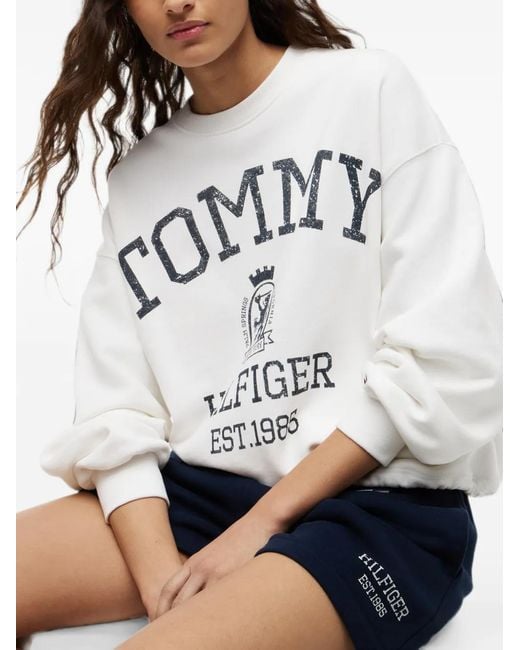 Tommy Hilfiger White Crest Logo-Print Drawstring-Hem Sweater