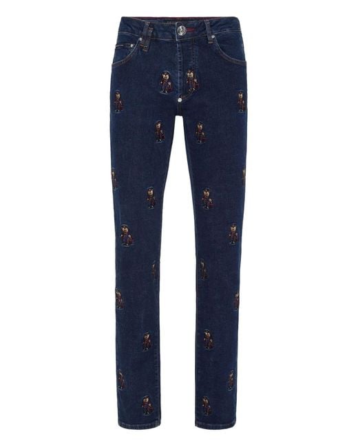 Philipp Plein Blue Bear-Embroidered Jeans for men