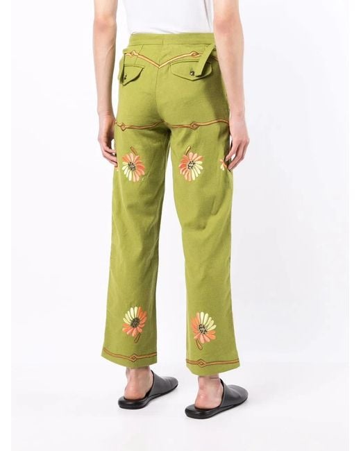 Bode Yellow Victorian Floral-Embroidered Trousers for men