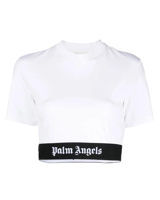 Palm Angels White Logo-print Cropped T-shirt