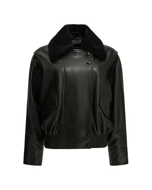 IVY & OAK Black Shearling-Collar Leather Coat