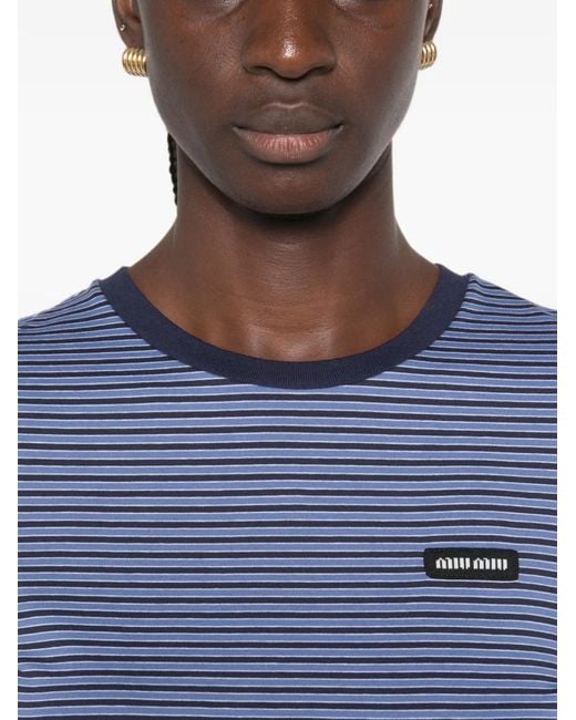 Miu Miu Blue Striped-Pattern Logo-Patch Mini Dress