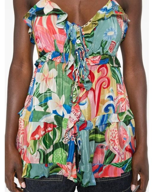 Farm Rio White Ruffled Floral-Print Top