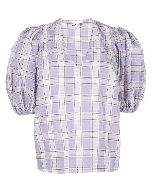 Ganni Cotton Checked V-neck Blouse in Purple | Lyst
