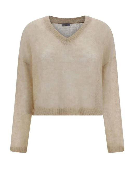 Maglione Con Scollo A V di Brunello Cucinelli in Natural