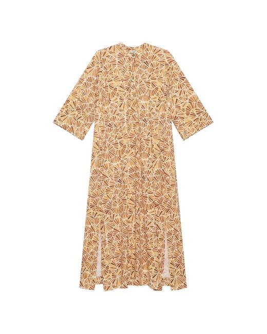 Maliparmi Natural Fan-Print Side-Slit Midi Dress