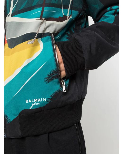 Balmain Gray Reversible Tropical Print Bomber Jacket for men