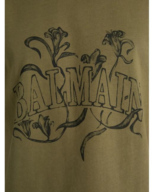 Balmain Green Printed Bloom T-Shirt for men