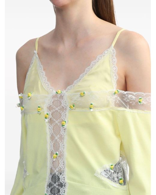 Pushbutton Yellow Lace-trim Triangle-cup Blouse