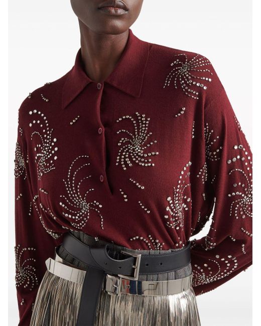Prada Red Crystal-embellished Cashmere Polo Shirt