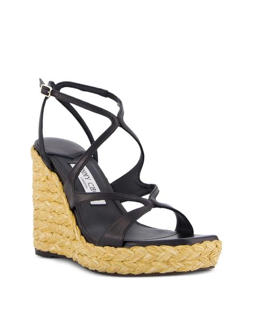 Jimmy Choo Metallic Raffia Wedge Sandals With Adjustable Ankle Strap And 4.3 Inch Heel