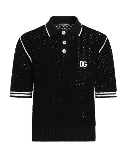 Dolce & Gabbana Black Crochet-Knit Short-Sleeve Polo Shirt for men