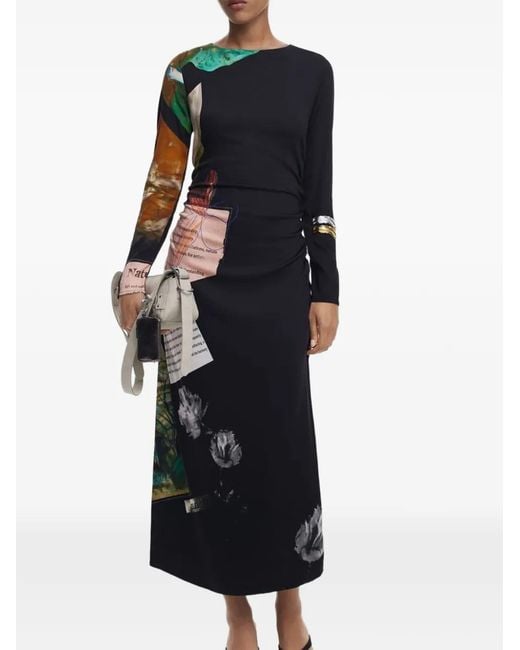 Desigual White Patchwork-Print Ruched Midi Dress