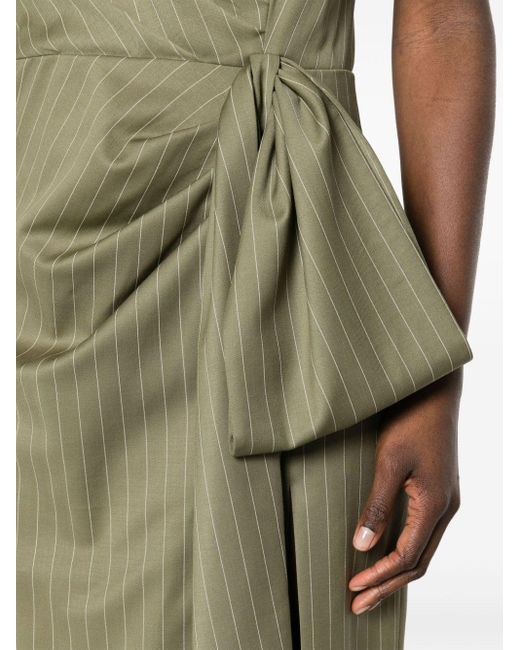 MSGM Green Pinstripe Knotted-waist Midi Dress