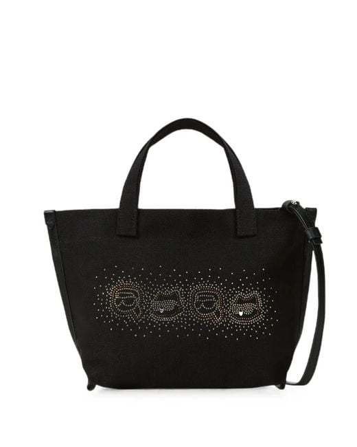 Karl Lagerfeld Black Small Ikon Rhinestones Karl & Choupette Shopper Bag