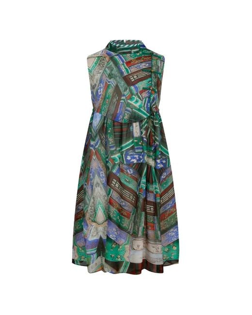 Hui Milano Blue Magnolia Graphic-Print Frog-Fastening Dress