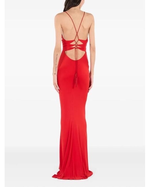 Roberto Cavalli Red Criss-Cross Tassel Maxi Dress